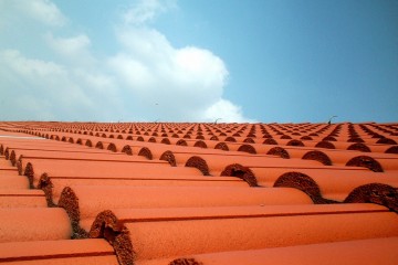In der unteren Bildhälfte sieht man ein mit roten Dachpfannen gedecktes Dach, im oberen Bildteil sieht man blauen Himmel und ein paar Wolken.