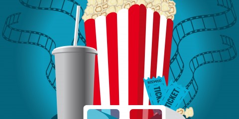 Grafik zum Thema Kino - man sieht eine rot-weiß gestreifte Tüte mit Popcorn, einen Getränkebecher, eine 3D-Brille un Eintrittskarten.