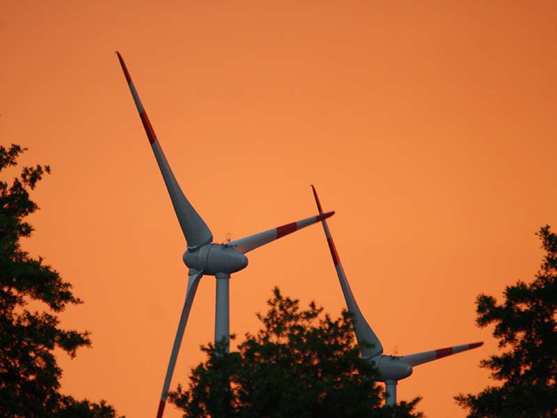 Zwei Windräder zwischen Bäumen im Sonnenuntergang.